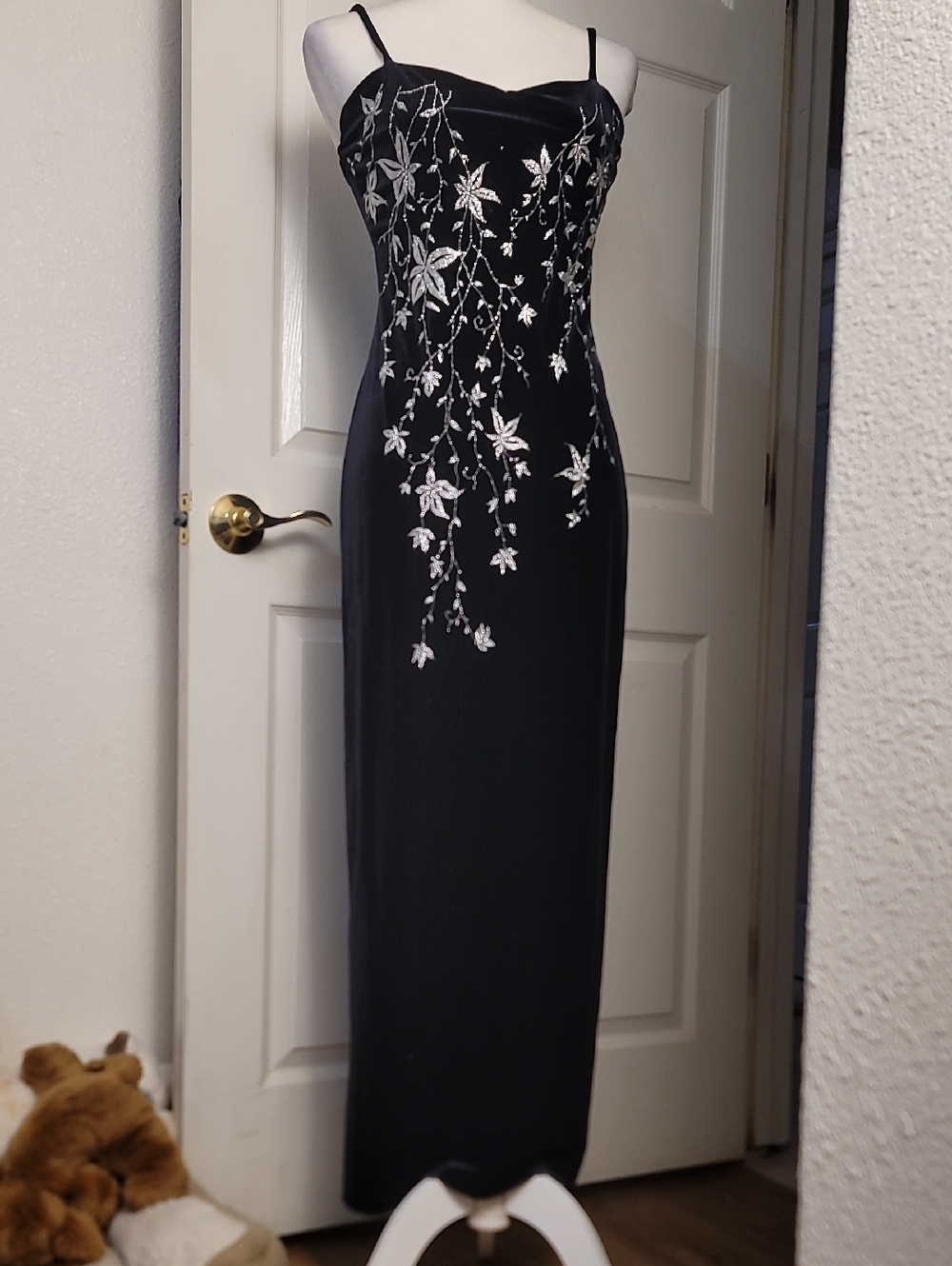 le chateau Black Maxi Slip Dress with Silver Floral Embroidery